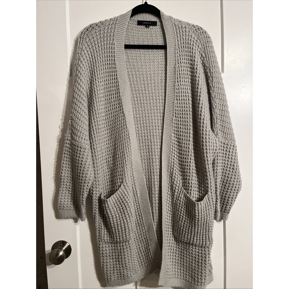 Zesica Cardigan Women's Medium Sweater Pockets Waffle Knit Cozy Open Front Gray